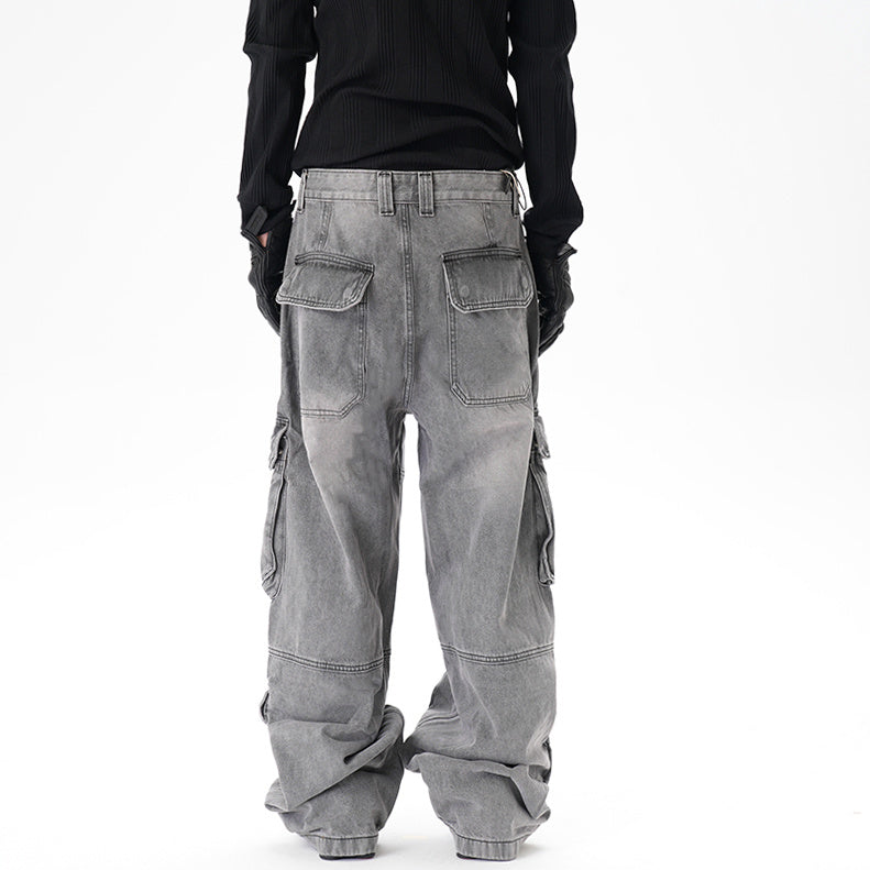 Distressed Multi-pocket Casual Loose Straight-leg Denim Overalls