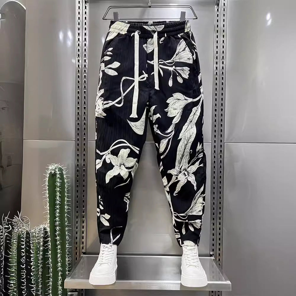 Men's Ice Silk Printed Cotton And Linen Casual Pants