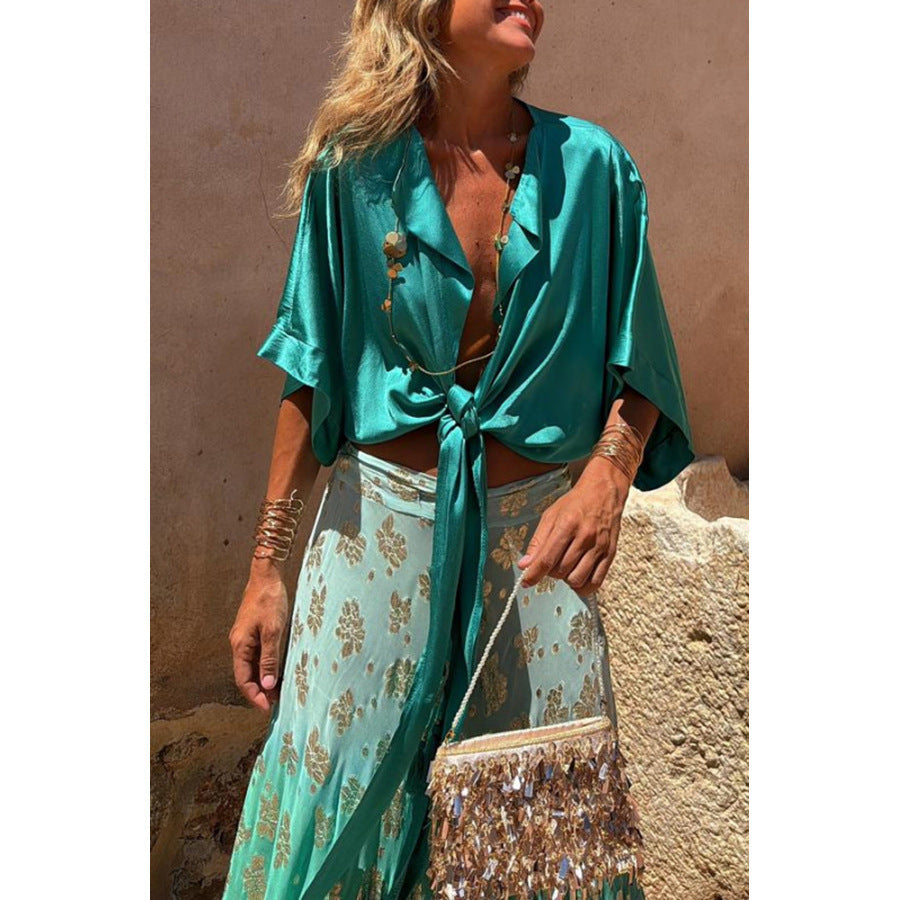 Spring and Summer New Belted Vacation Multi-color Top INS Casual Loose Batwing Sleeve Cardigan for Women