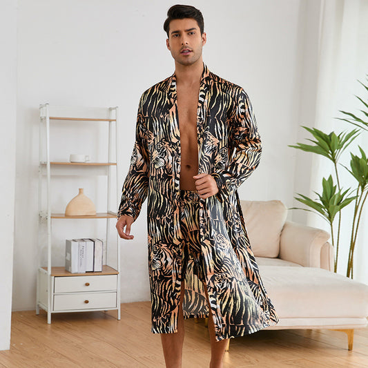 Men's Robes Fashion Ice Silk Bathrobe Homewear Set Pajamas