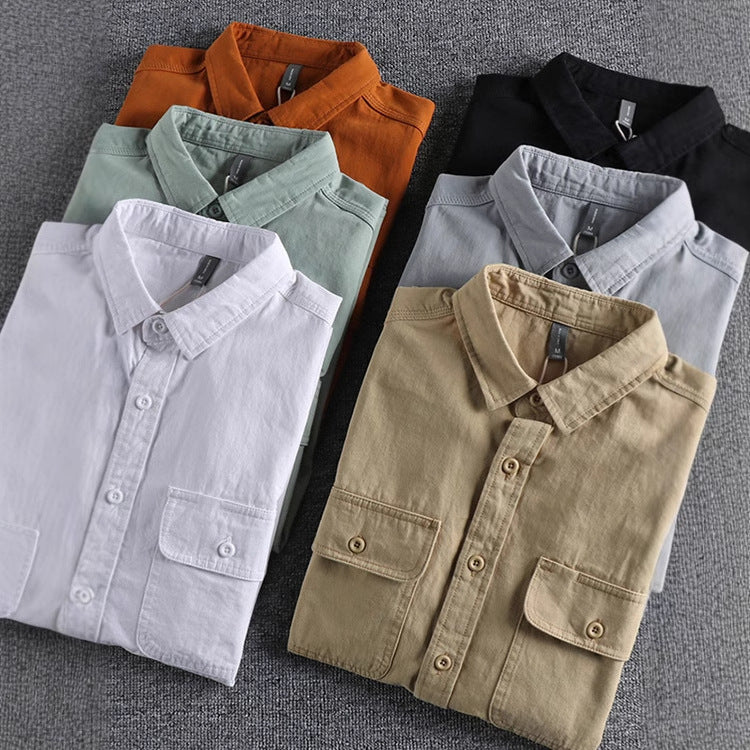 Simple Lapel Art Workwear Shirt Men's Washed Breathable Comfortable All-match Youth Long Sleeve Shirt