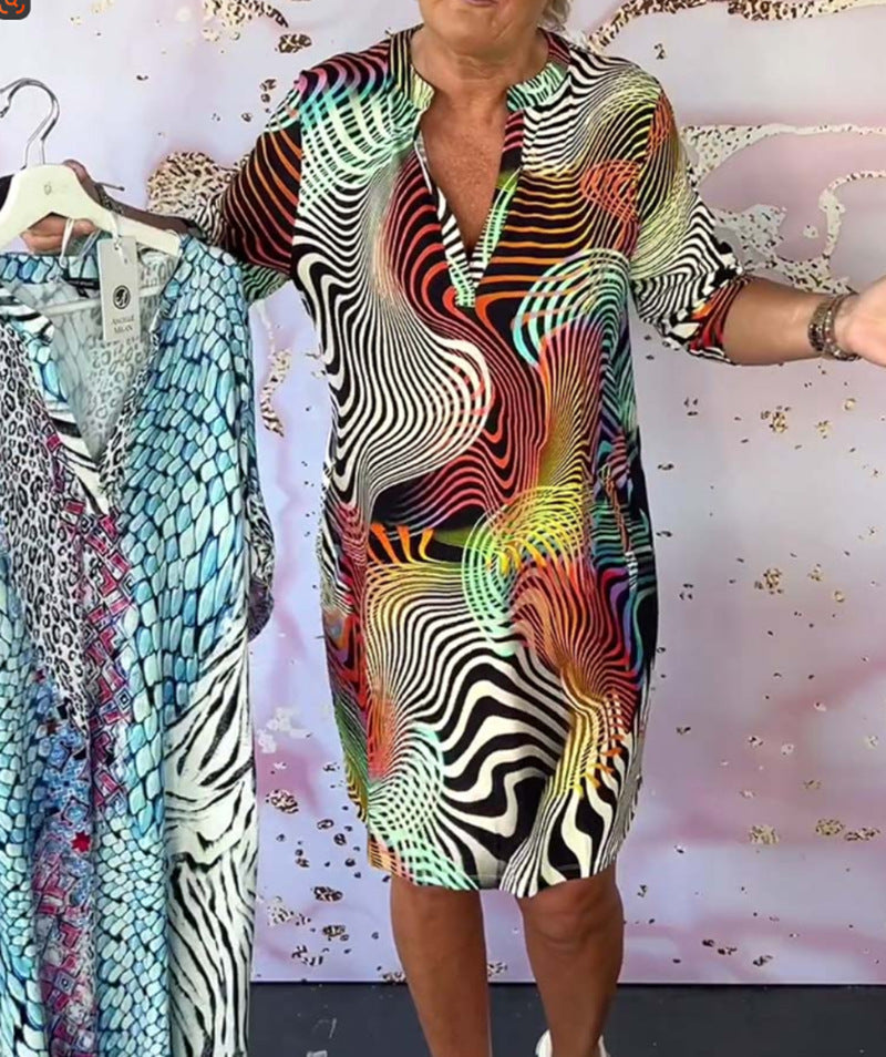 Middle-sleeve Floral-print V-neck Dress
