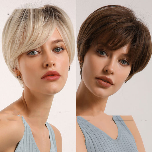 Black Gradient Golden Straight Short Hair Chemical Fiber Women's Wig