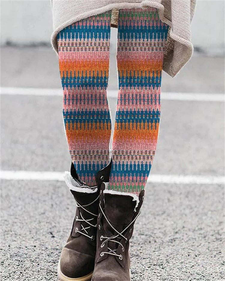European And American National Style Printed Slim Fit Stretch All-matching Bottoming Trousers