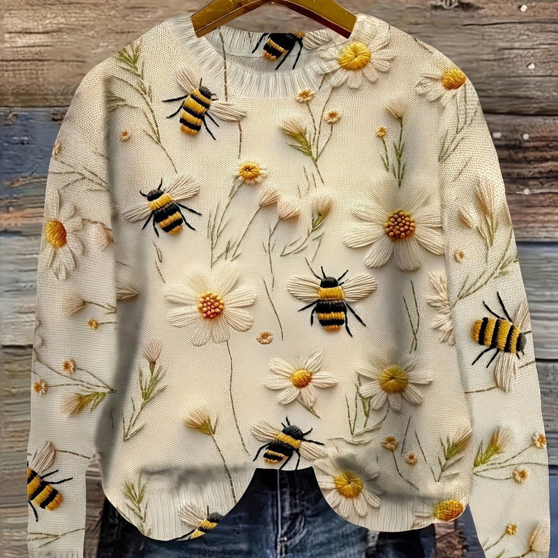 Little Flower Digital Printed Round Neck Sweater