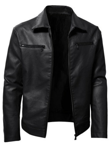 Winter Business Gentleman Thermal Zipper Cardigan Pocket Decorative PU Leather Coat