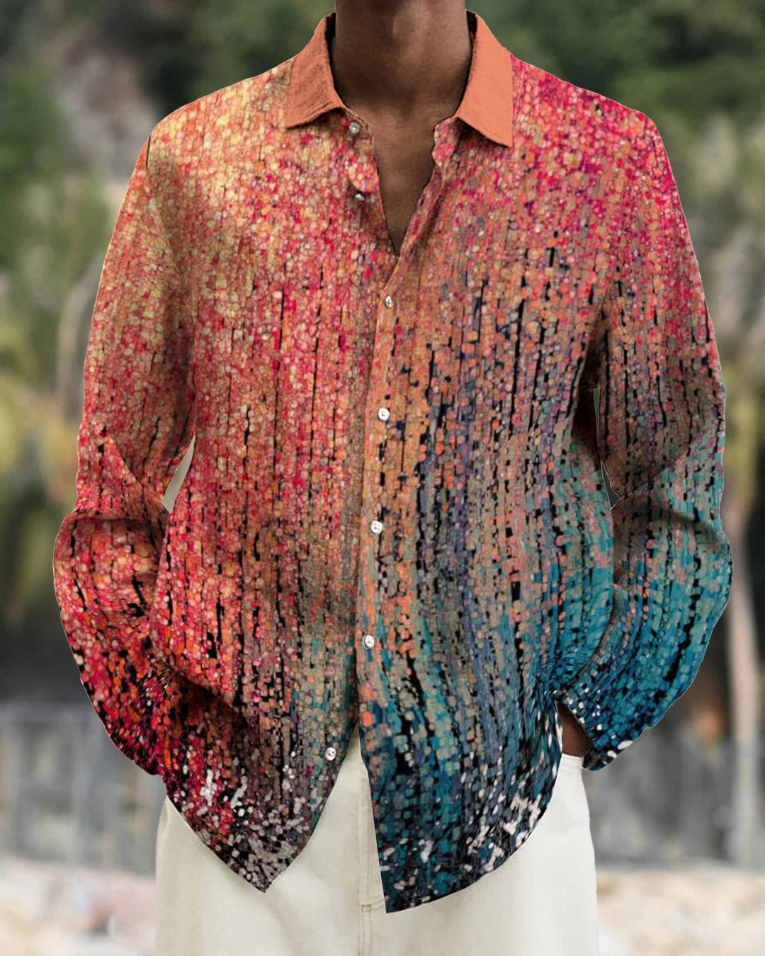 Gradient Digital Printing Lapel Long Sleeve Shirt Men