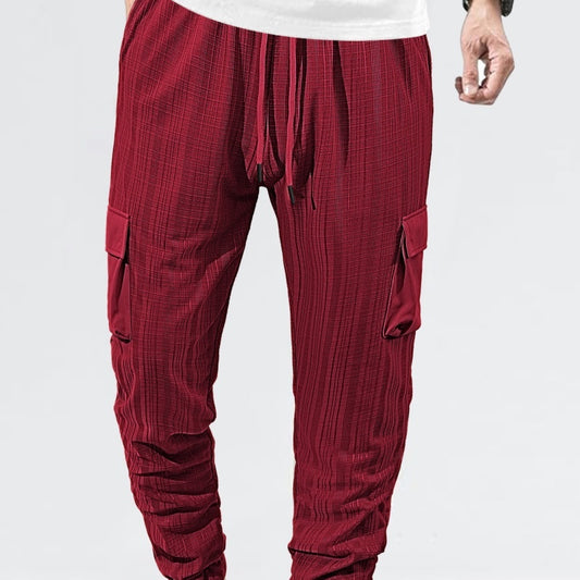 Loose Breathable Micro Elastic Lace-up Imitation Linen Plaid Men's Casual Pants Overalls