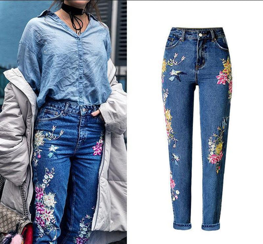 High-rise Slim-fit Straight-leg Jeans With Front And Back Embroidery