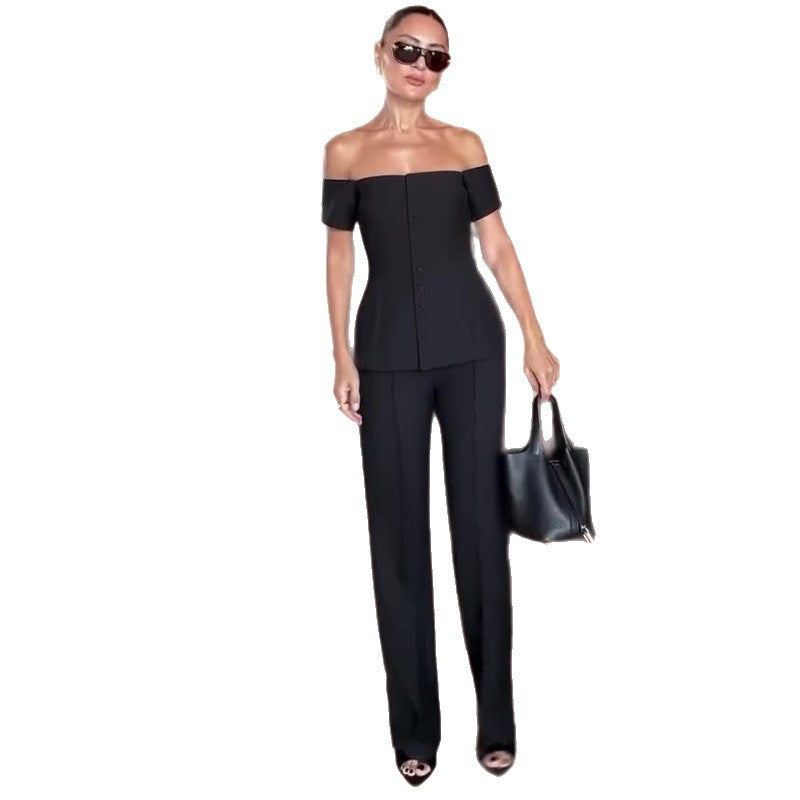 Elegant Commuting One-Shoulder Black Slimming Suit for Women
