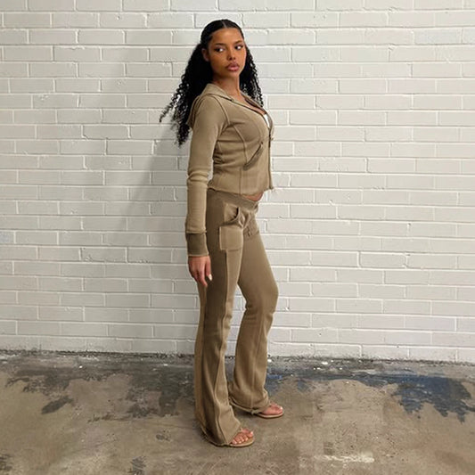 Sporty Style Autumn Casual Hoodie Set Color Block Frayed Hem Hooded Jacket Low Waist Flared Pants Streetwear Women's Outfit