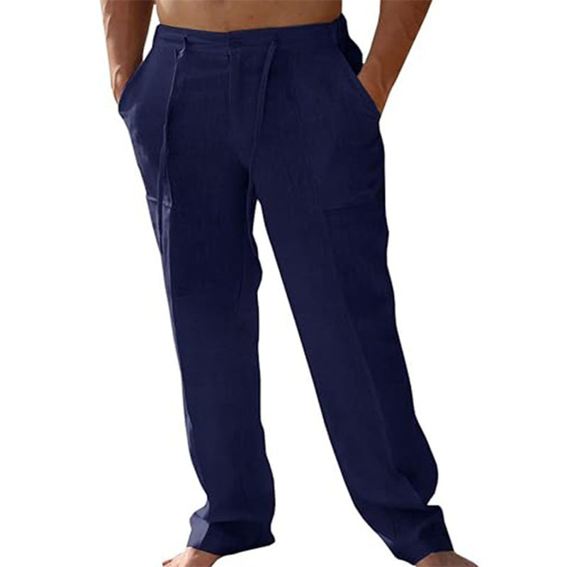 Men's Casual Linen Patch Pocket Loose Drawstring Straight Summer Beach Yoga Trousers