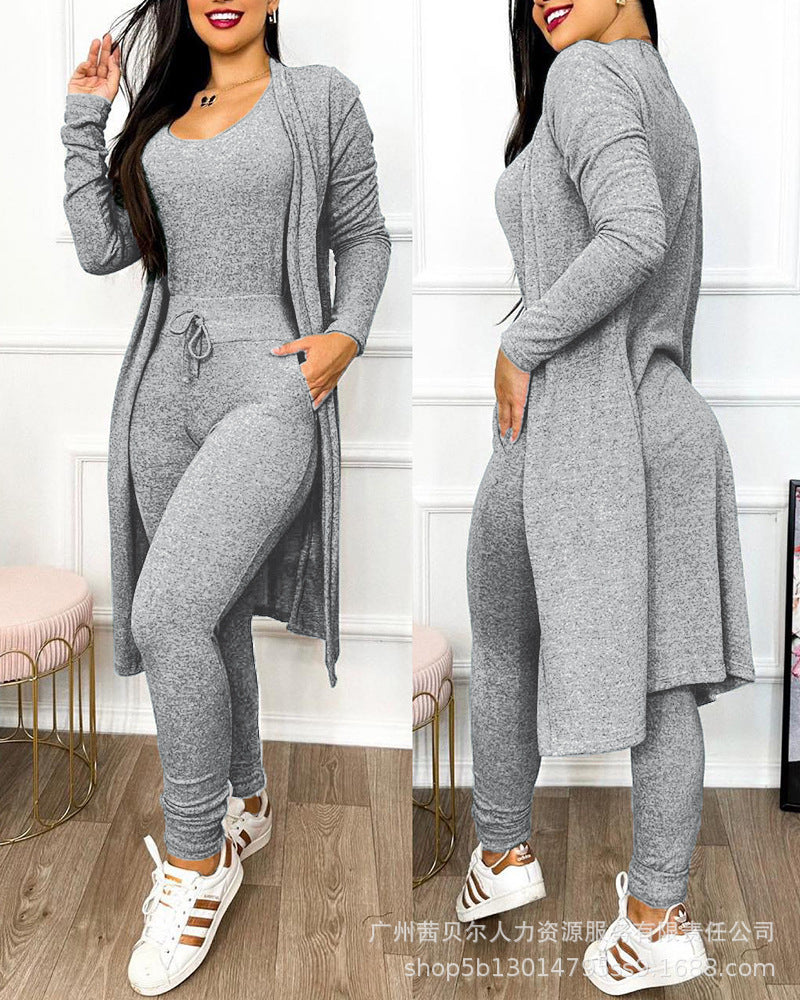 Women's Casual Suit High Waist Slip-on Casual Pants Drawstring Pocket Design Jumpsuit And Cardigan Cover
