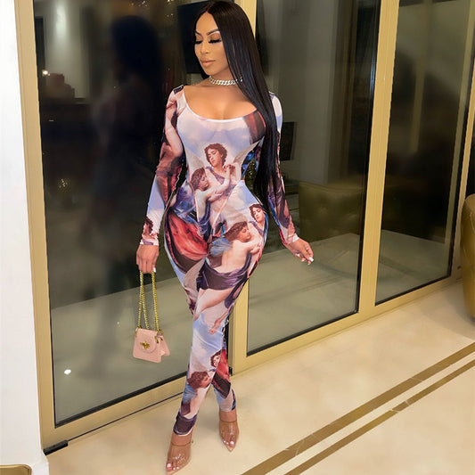 Mesh See-through Long Sleeve Jumpsuit Printed Two-piece Suit