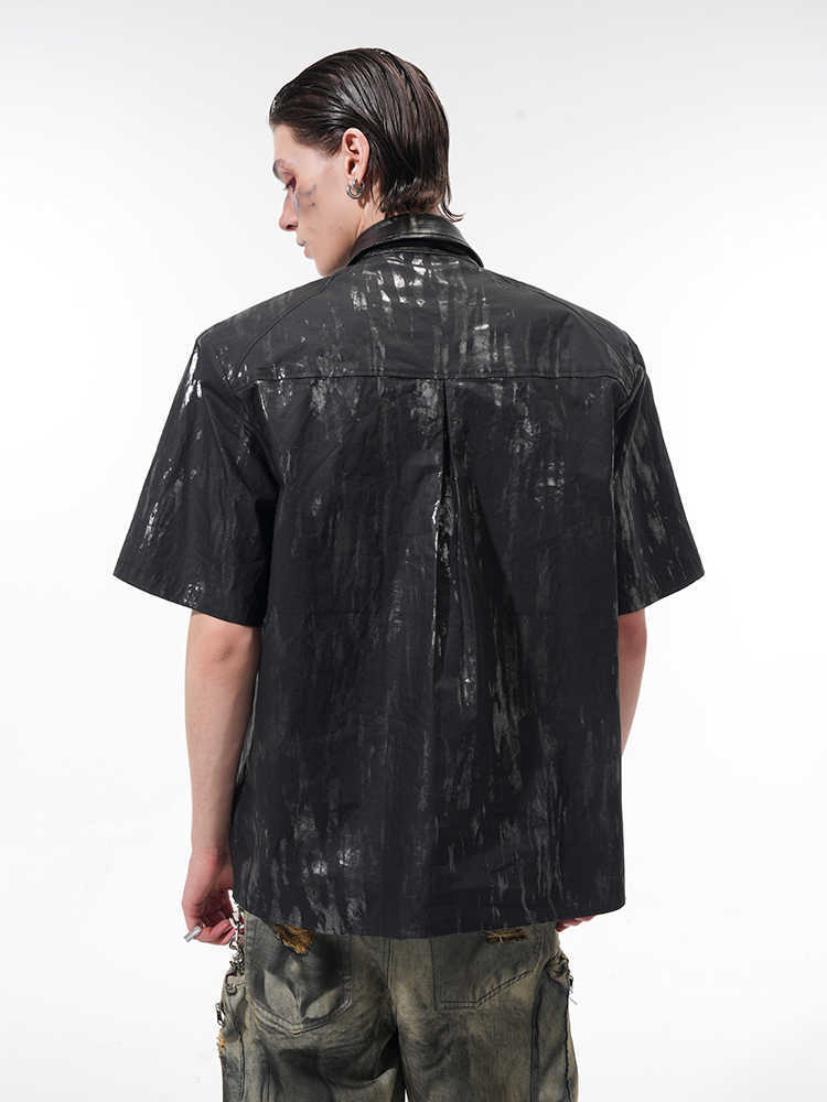 Niche Metal Coated Padded Shoulder Short Sleeve Shirt For Men