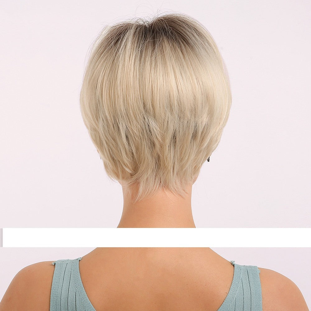 Black Gradient Golden Straight Short Hair Chemical Fiber Women's Wig