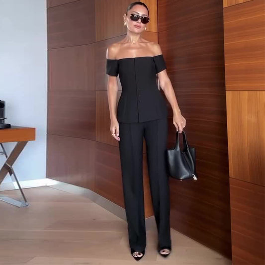 Elegant Commuting One-Shoulder Black Slimming Suit for Women