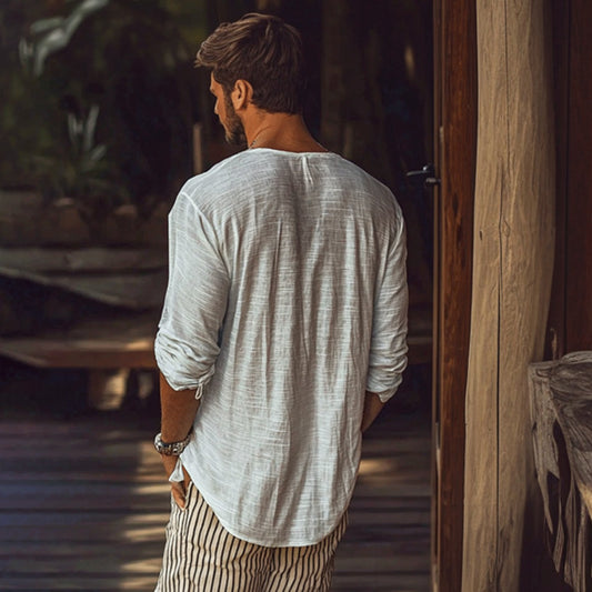 V-neck Breathable Thin Long-sleeved T-shirt Solid Color Top