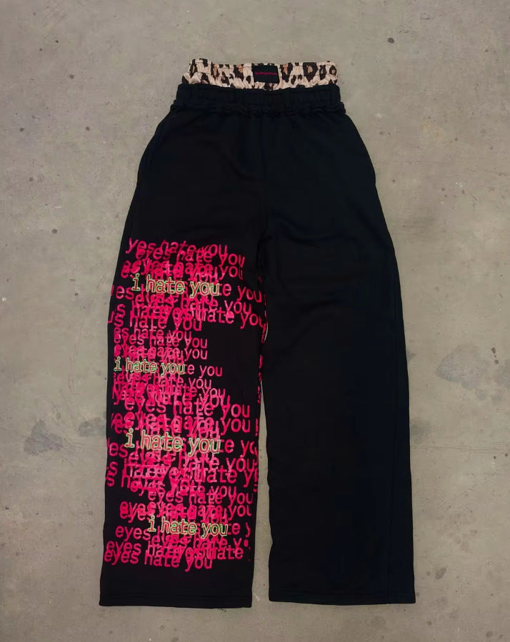 Hip Hop Contrast Color Double Pants Letter Floral Print Casual