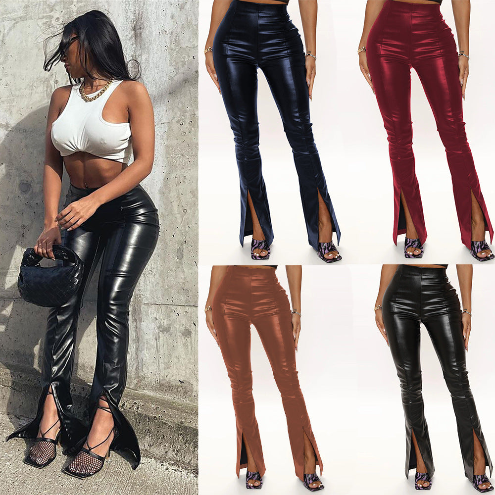Classic High Waist Stretch Horn Split PU Leather Pants