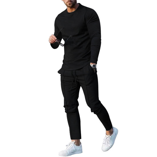Spring Round Neck Long Sleeve T-shirt Trousers Solid Color Men's Two-piece Suit