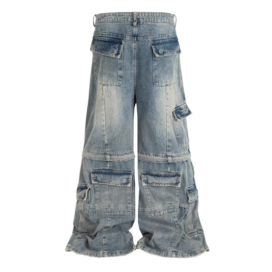 Detachable Worn Looking Washed-out Multi-pocket Detachable Two-way Wear Micro-pull Overalls