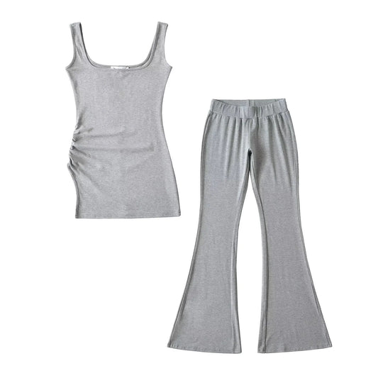 Irregular pleated camisole vest+elastic waist micro flared pants two-piece set