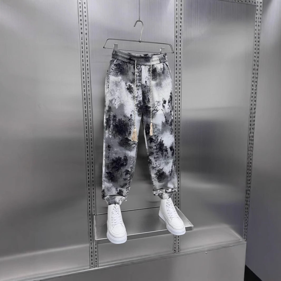 Light And Thin Ice Silk Casual Pants National Style Ink Painting Printed Ankle-tied