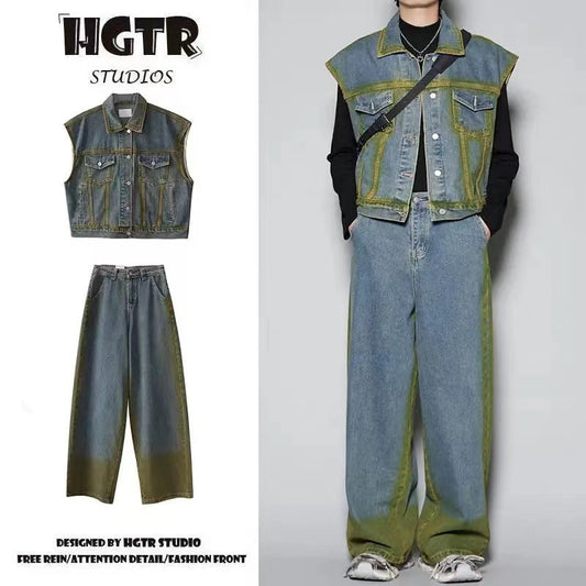 Spray Color Gradient Distressed Vest Coat Jeans Suit