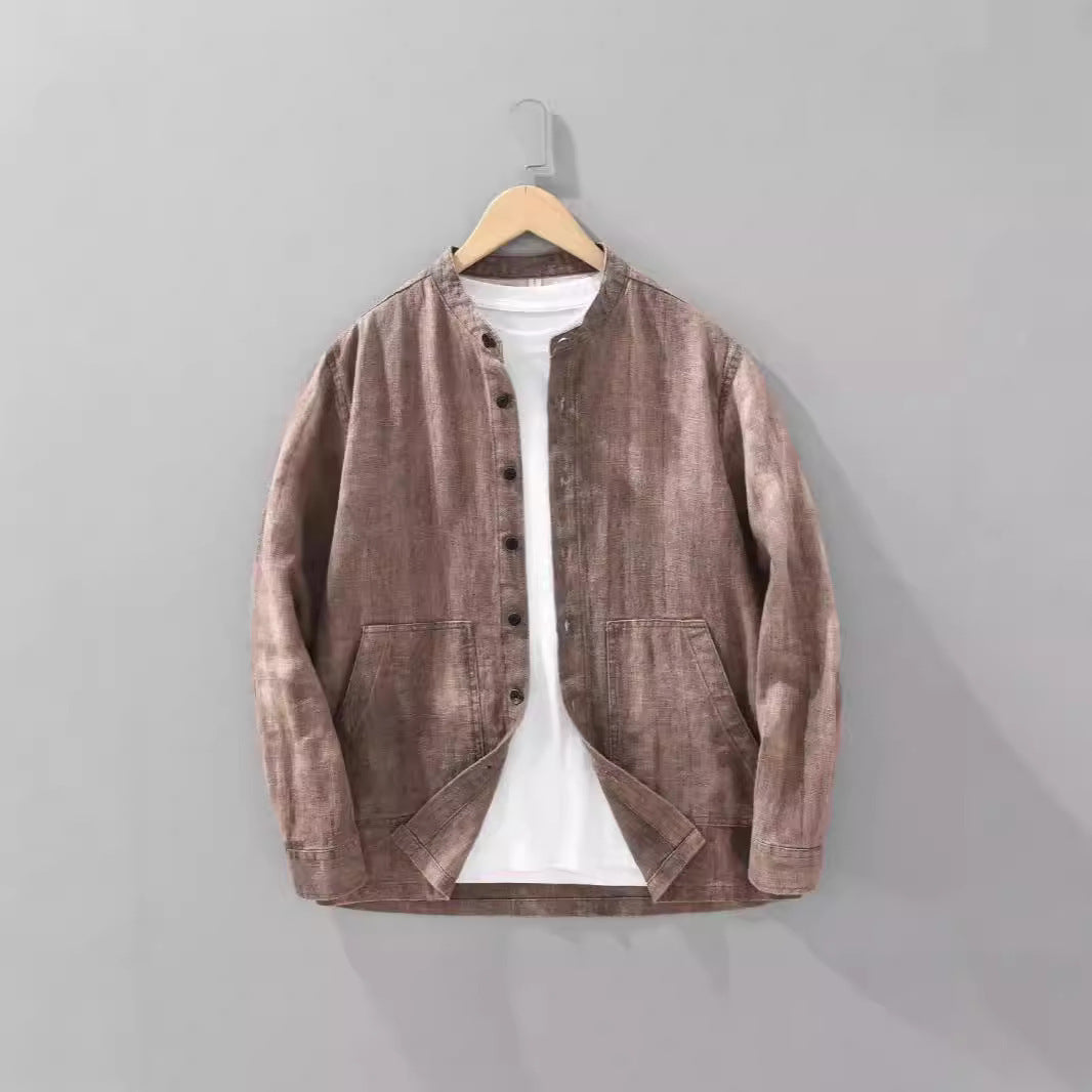 Men's Solid Color Ramie Stand Collar Retro Casual Coat Shirt