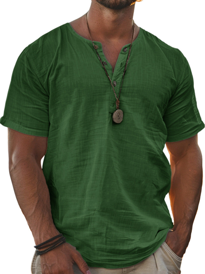 Men's Fashion Wear Men's Stand Collar Half Cardigan 4 Button Short Sleeve Shirt