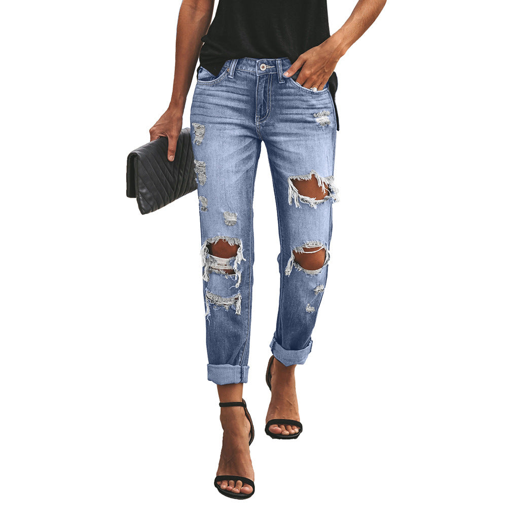Fashion Sexy Ripped Raw Edge High Waist Ladies Cropped Jeans