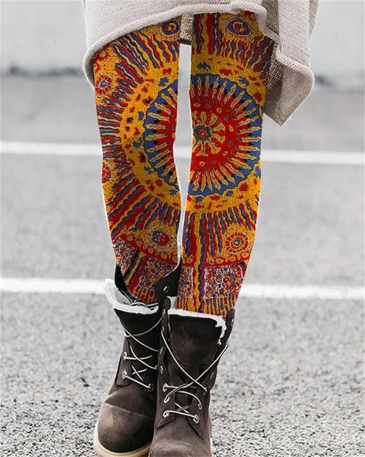 European And American National Style Printed Slim Fit Stretch All-matching Bottoming Trousers