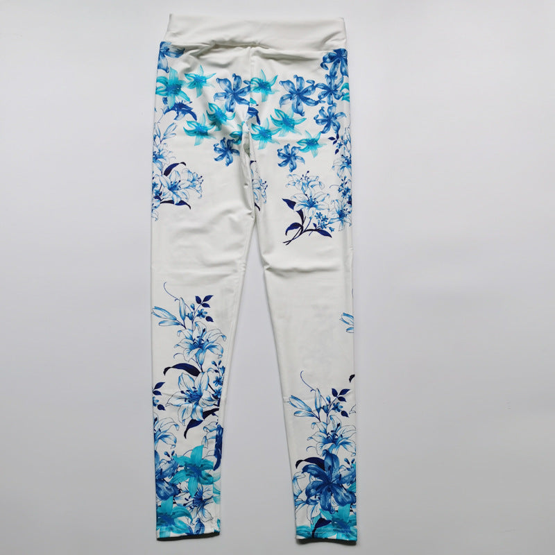 Women's Blue Flower Printed Hip Lifting Tight Pants