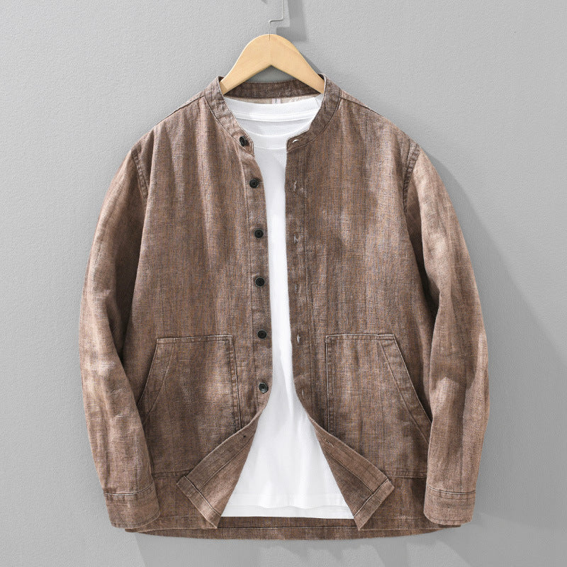 Men's Solid Color Ramie Stand Collar Retro Casual Coat Shirt