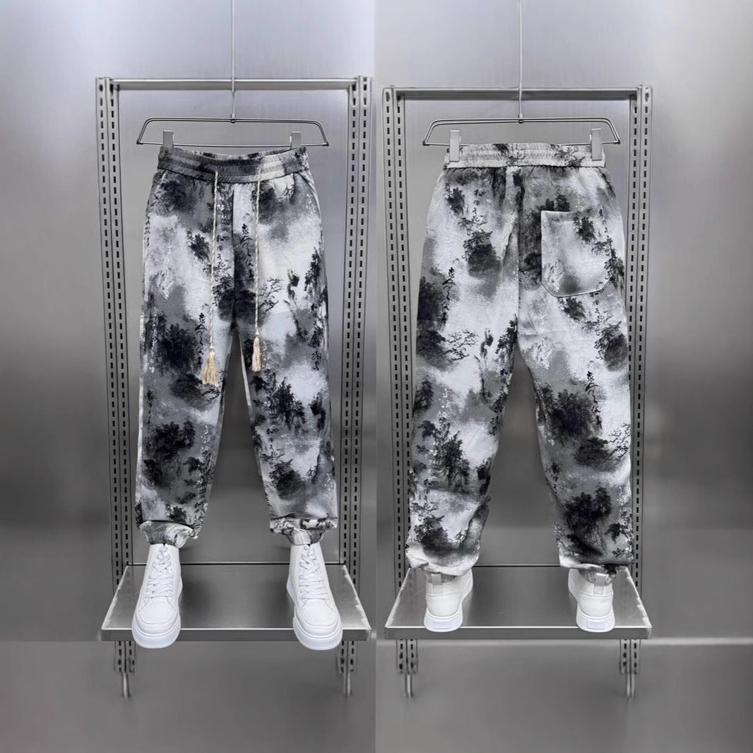 Light And Thin Ice Silk Casual Pants National Style Ink Painting Printed Ankle-tied