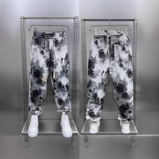 Light And Thin Ice Silk Casual Pants National Style Ink Painting Printed Ankle-tied