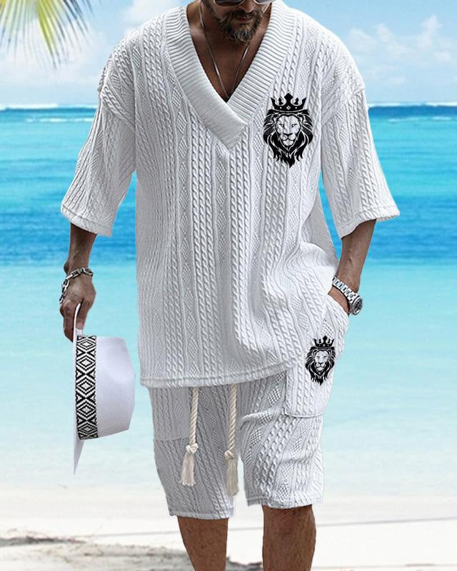 Men's Casual Jacquard Loose-fitting Short-sleeved Shorts Two-piece Set