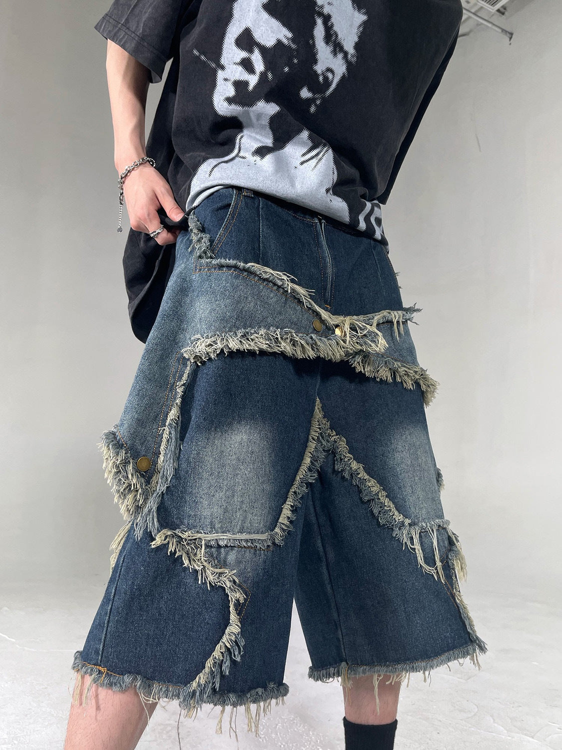 American Retro Frayed Five-pointed Star Denim Shorts Loose