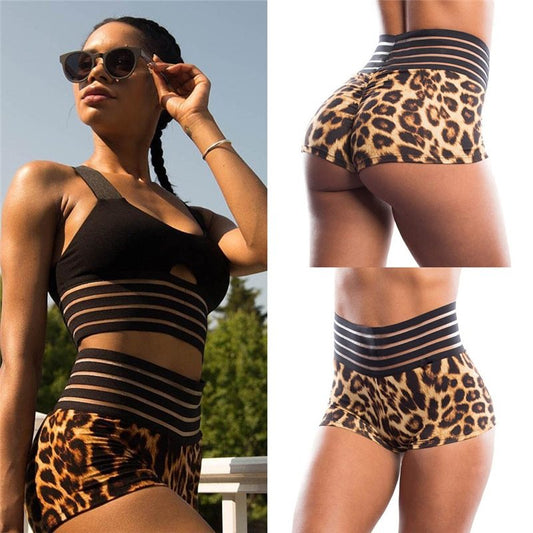 Leopard print stitching striped shorts