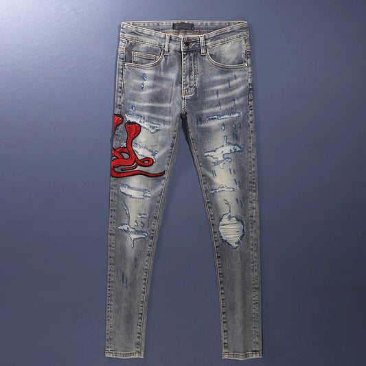 Worn Looking Washed-out Hole Patch Trendy Brand Embroidered Slim Fit Jeans