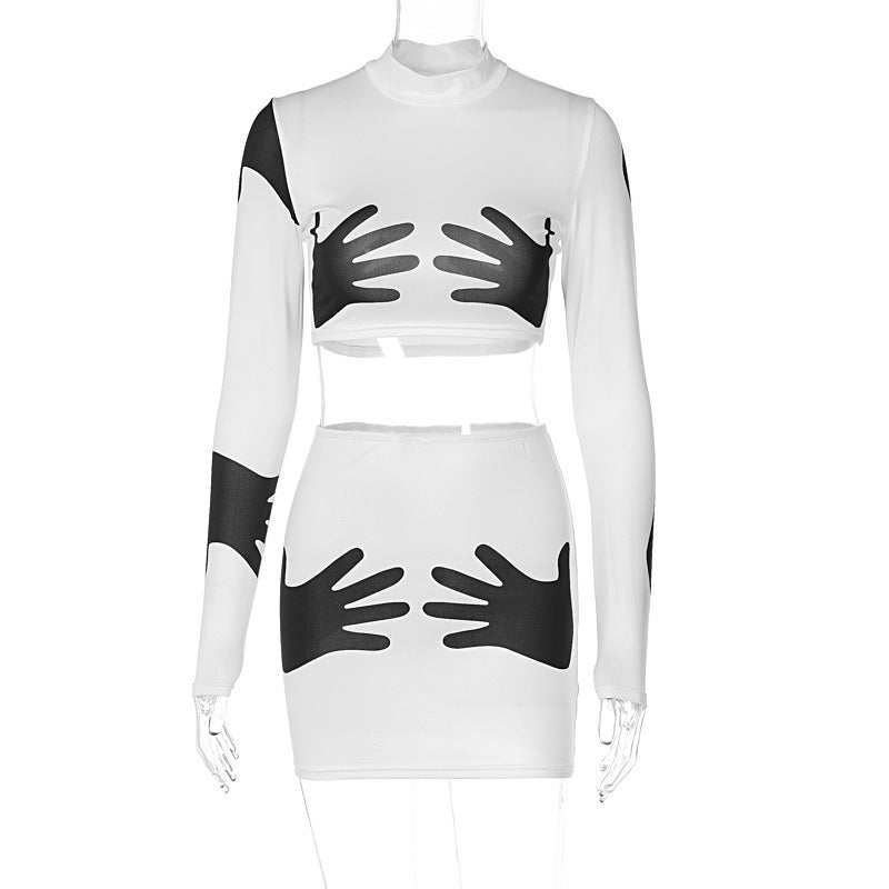 Fashion Print Crop Long Sleeve Top Slim Short Style Skirt Suit