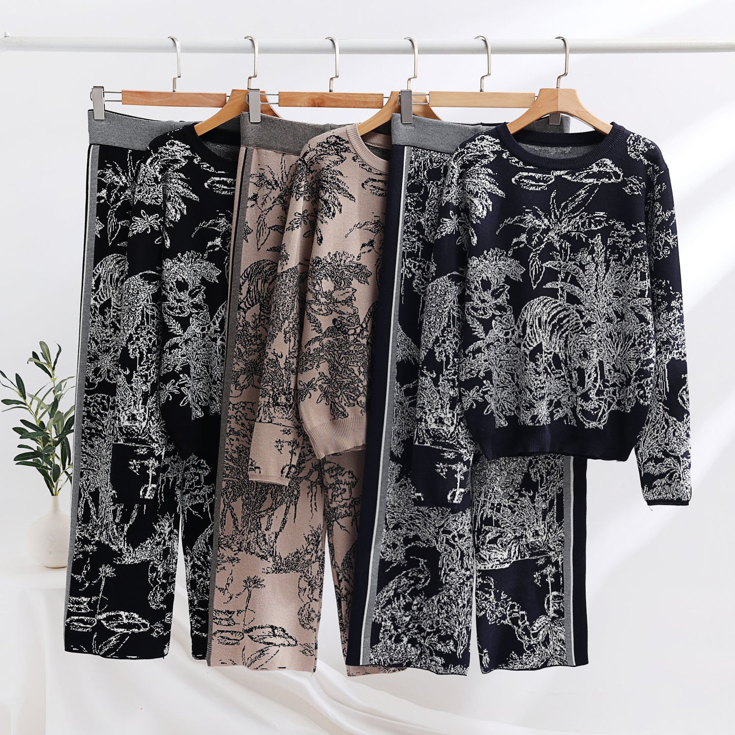 Knitting Patterns Two-piece Set Pullover Long Sleeve Sweater High Waist Wide Leg Top Suit