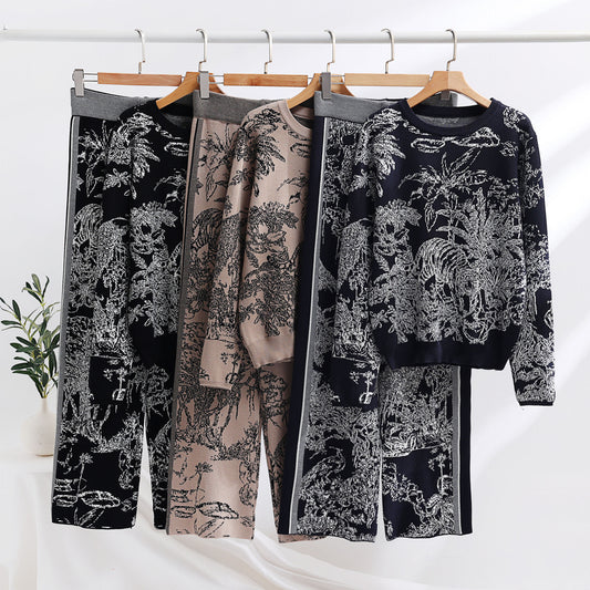 Knitting Patterns Two-piece Set Pullover Long Sleeve Sweater High Waist Wide Leg Top Suit