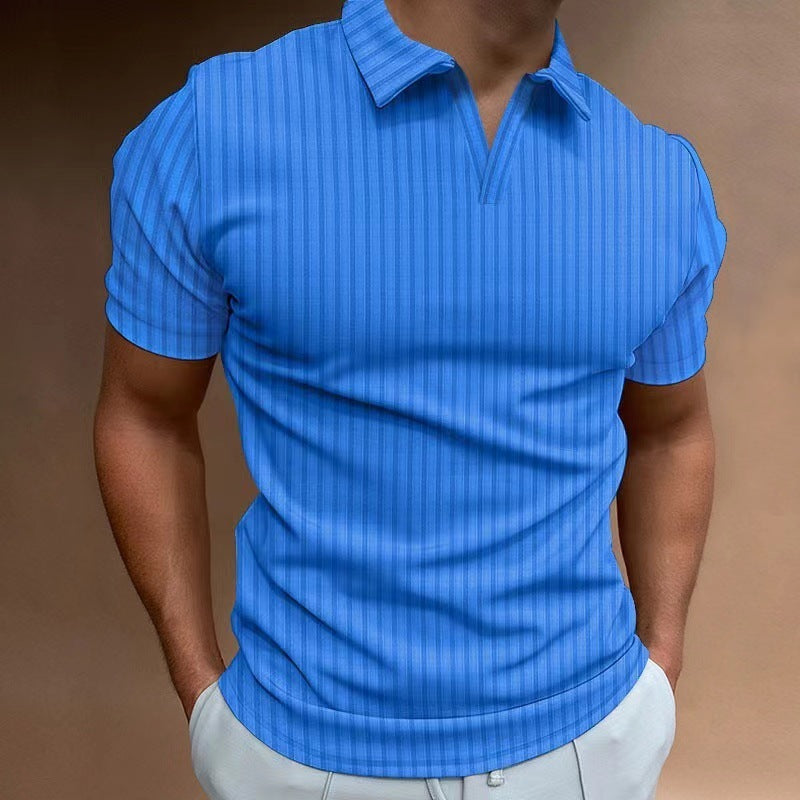 Summer Polo Shirt V-neck Striped High Elastic Short Sleeve Men's T-shirt