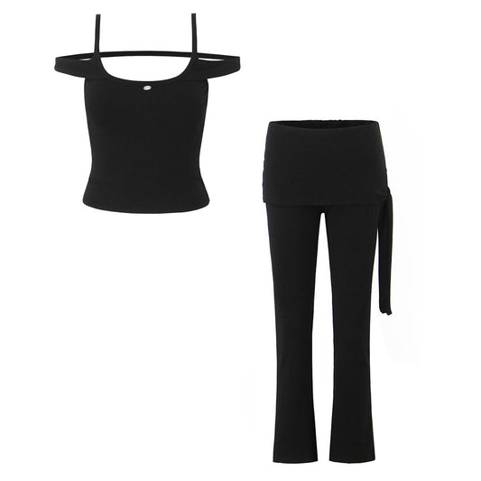 Off shoulder camisole vest+fake two-piece lace up hip hugging pants