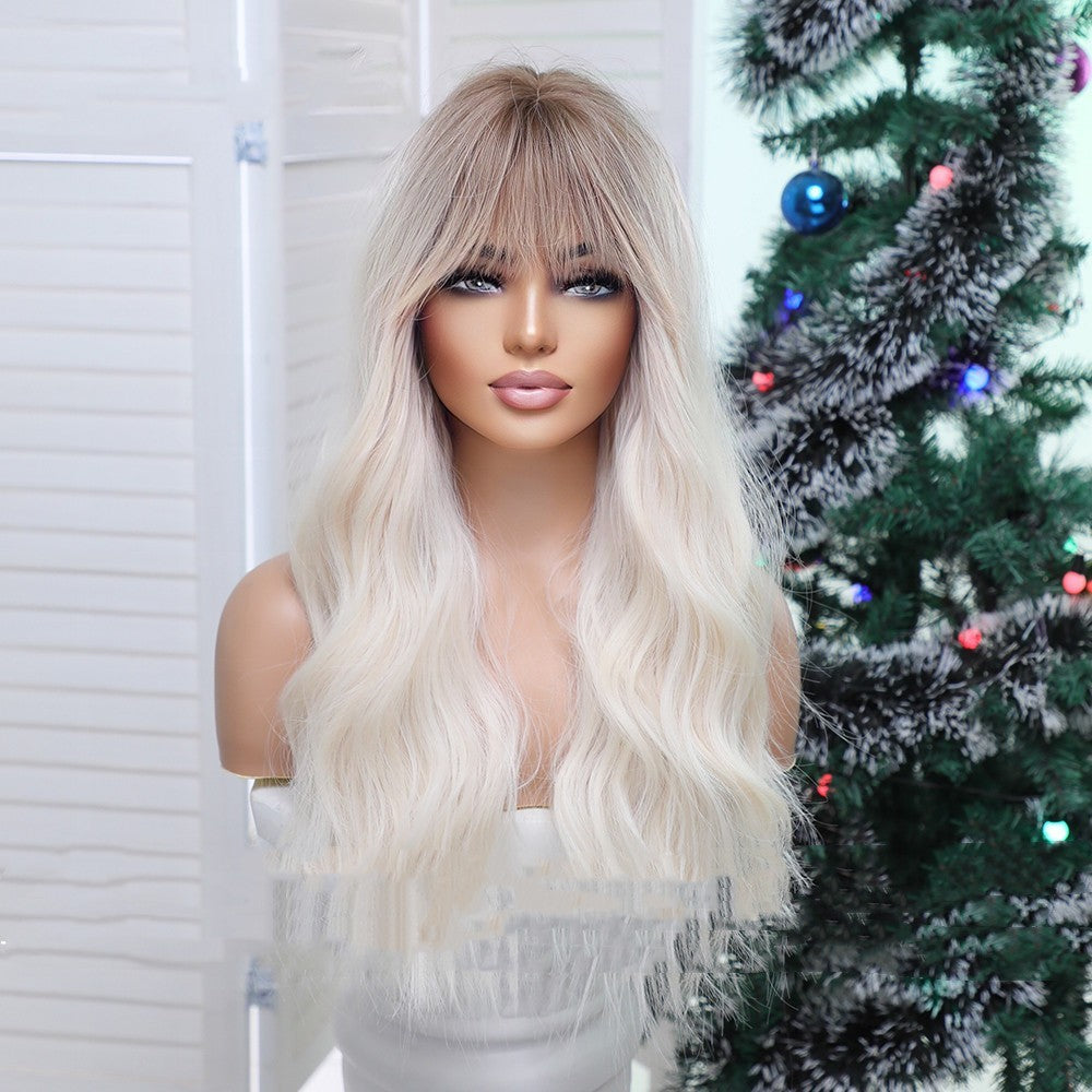 Qi Bangs Gradual Blonde Brown Long Curly Wig Female