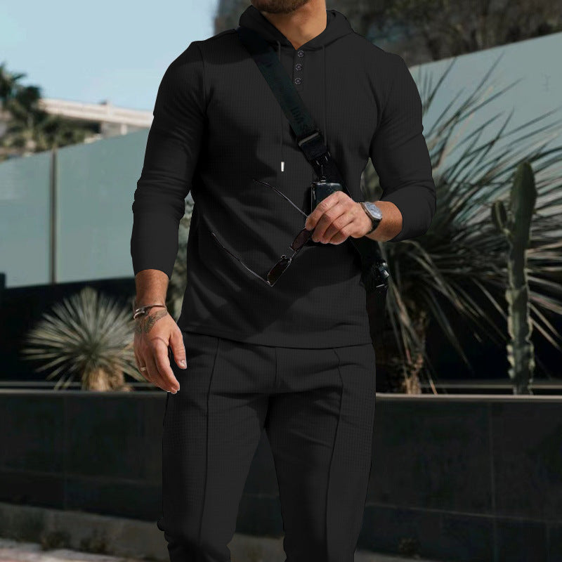 Waffle European And American Hooded Solid Color Long Sleeve Trousers Suit