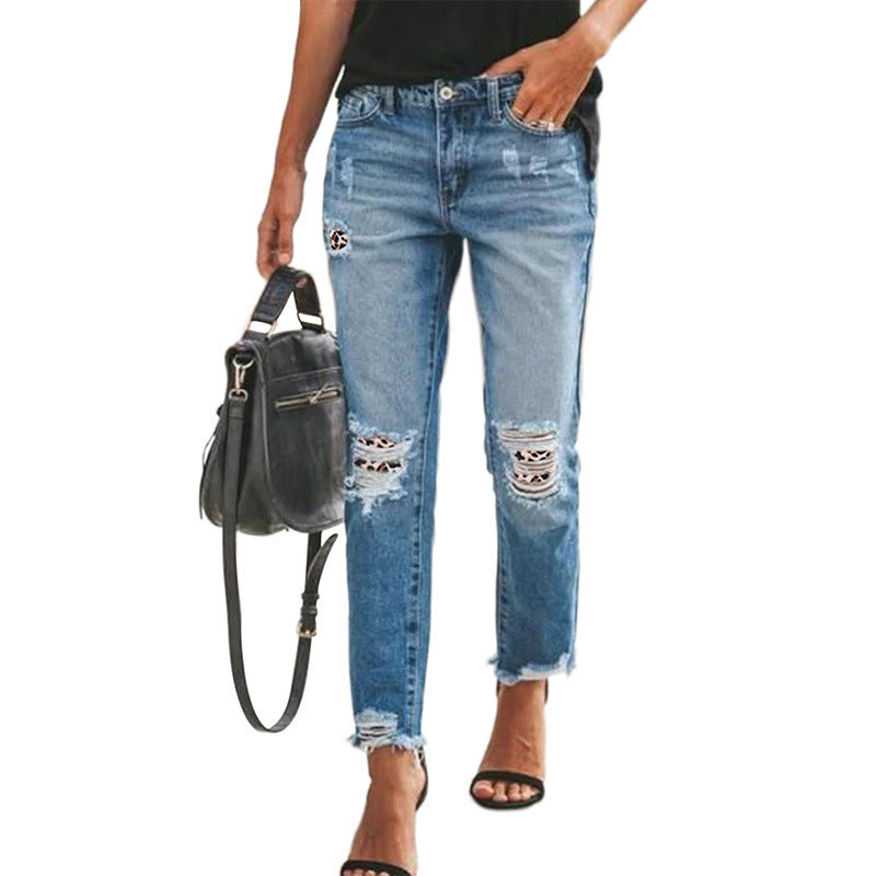 Fashion Sexy Ripped Raw Edge High Waist Ladies Cropped Jeans