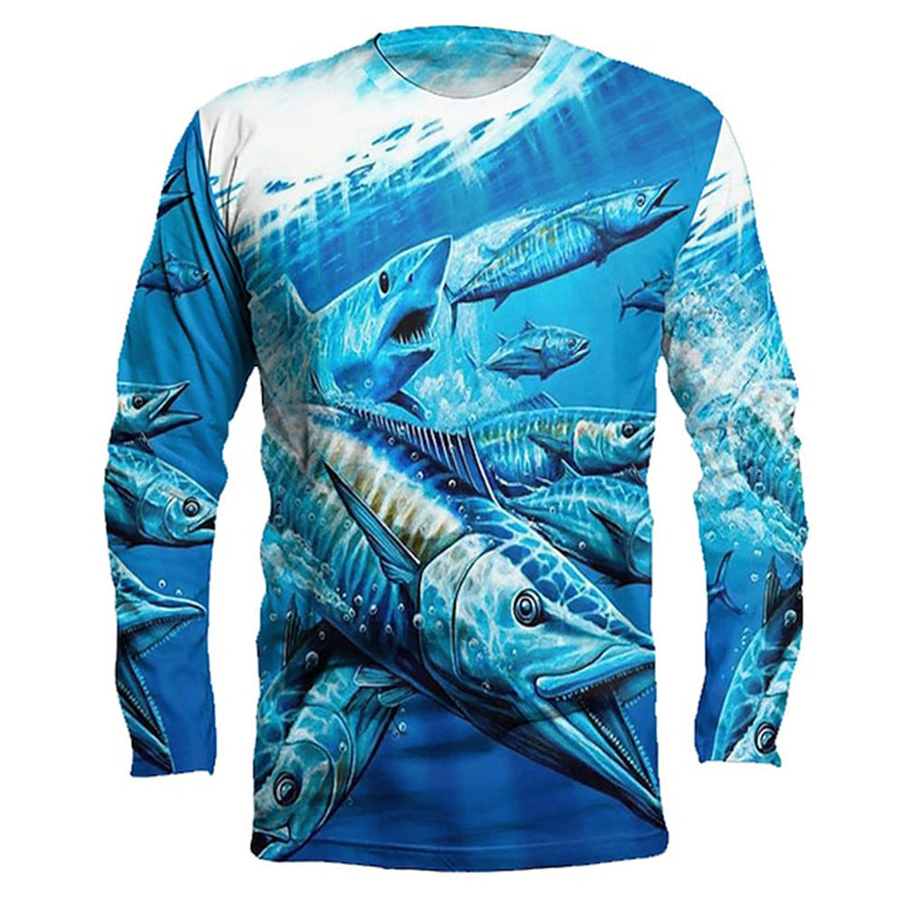 Men's Round Neck Pullover Fish Printed Long-sleeved Top